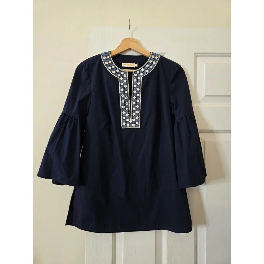 Tory Burch Ariana Crisp Poplin Mirror Applique Tunic 4 Navy